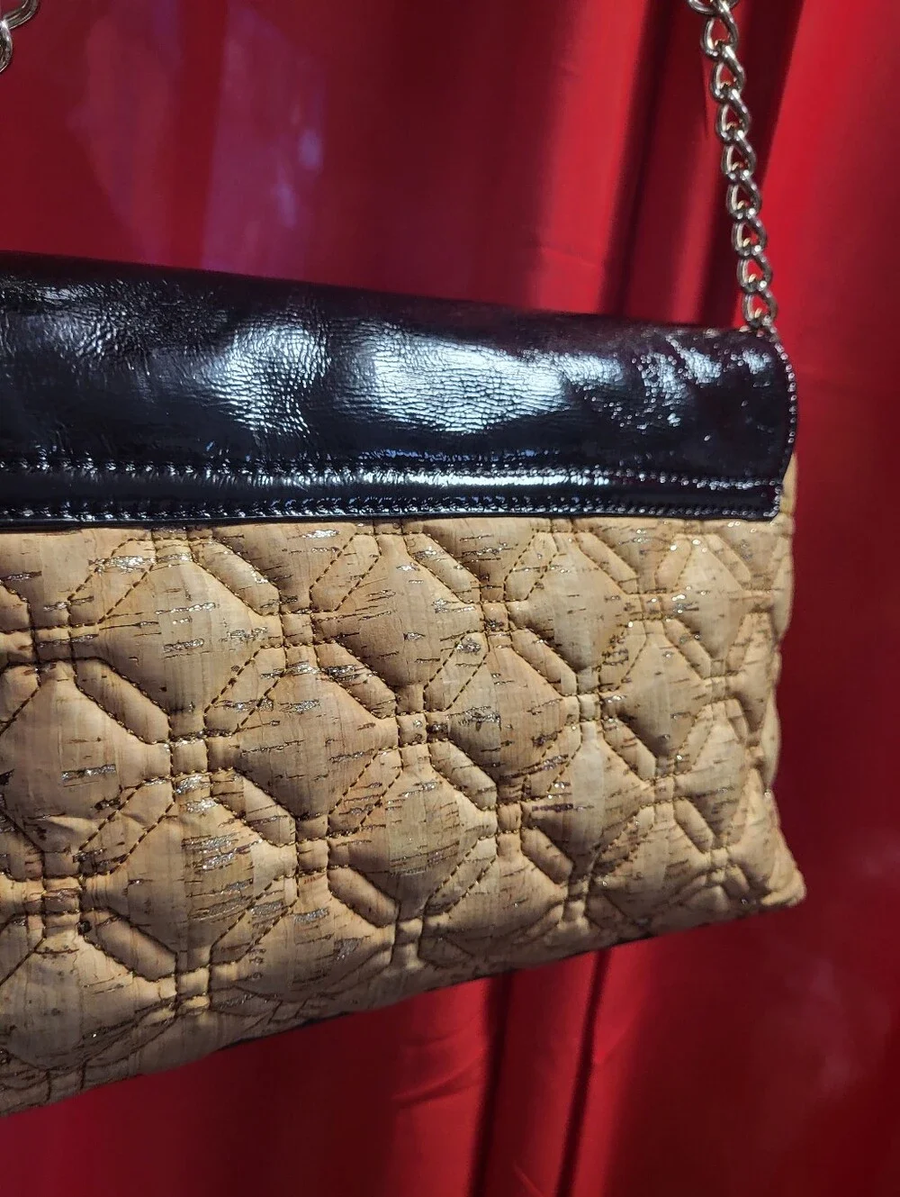 kate spade Black Patent & Beige Shoulder Bag with Gold Chain
